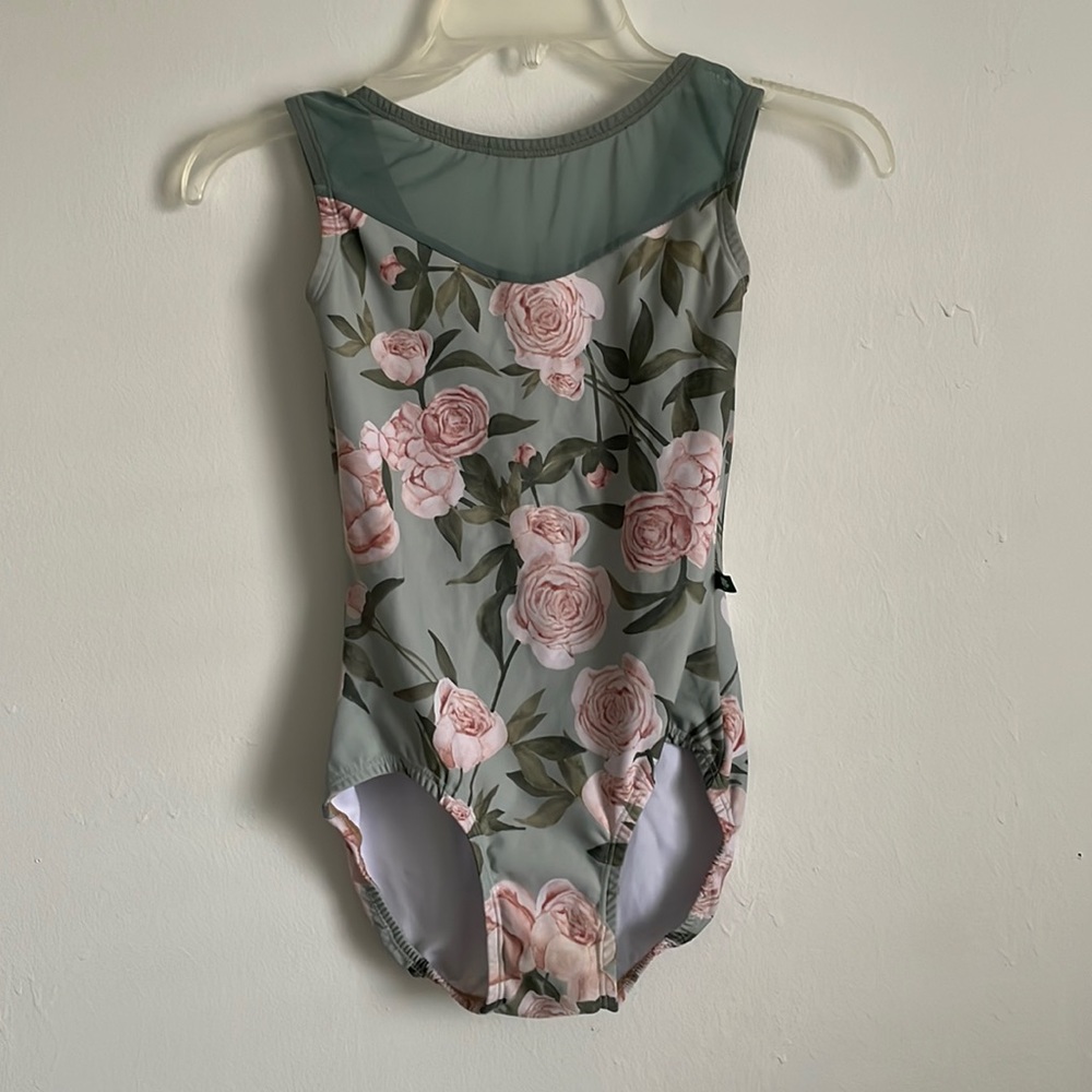 LuckyLeo leotard with aloe colored mesh and peony print